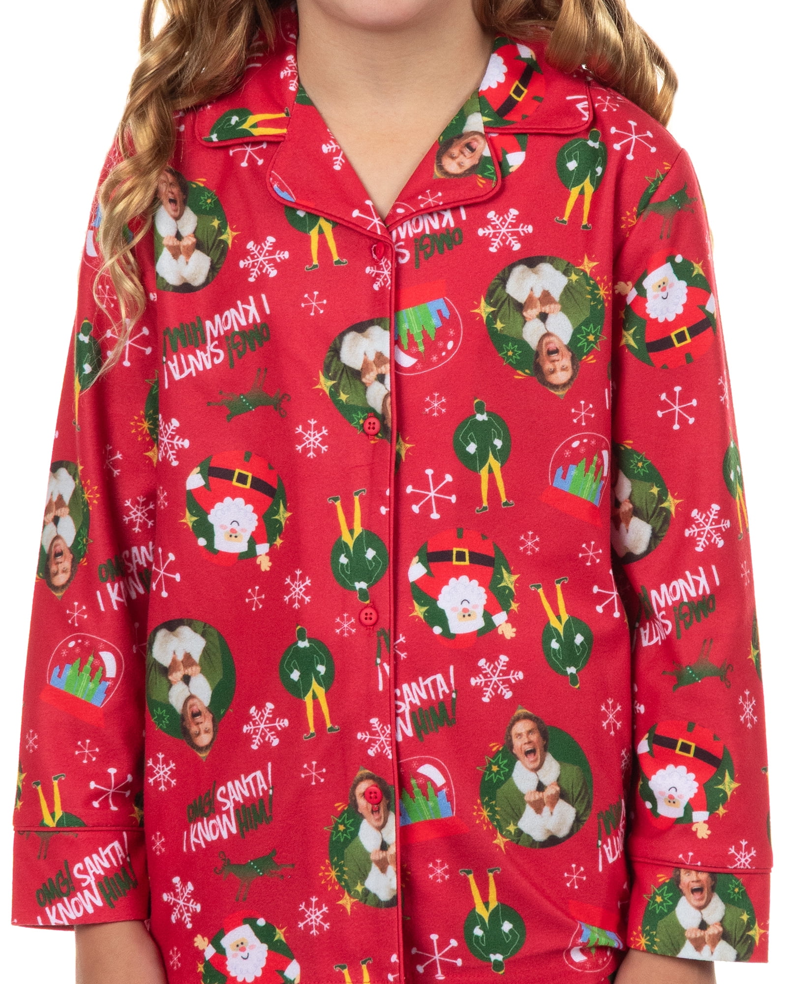 Elf Pajamas Kids I Know Him Coat Front 2-Piece Flannel Lounge Sleep Set