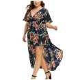 thumbnail image 2 of Robes Maxi pour Femmes Grande Taille Mode Décontractée à Imprimé Floral Col en V Manches Courtes Robes d'Été Taille Empire Robe Évasée Robe Mini, 2 of 5