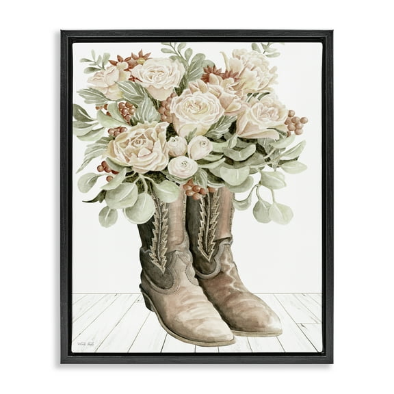 Stupell Industries Chic Bouquet Boots Plants & Flowers Painting Black Floater Framed Canvas Art Print Wall Art, 17 x 21