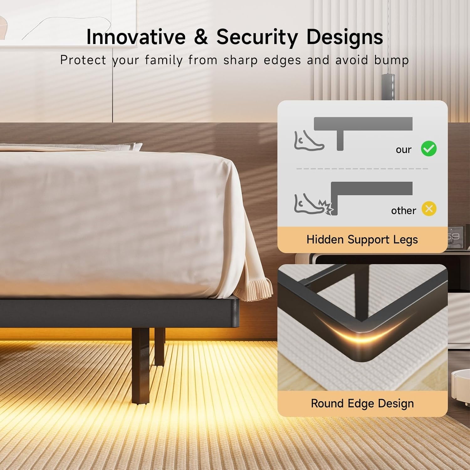 King Size Floating Bed Frame with USB Charging Station and Smart LED Lights, Heavy Duty Metal Platform Bed with Underbed Storage Space, Easy to Assemble, Noise-Free, No Box Spring Needed