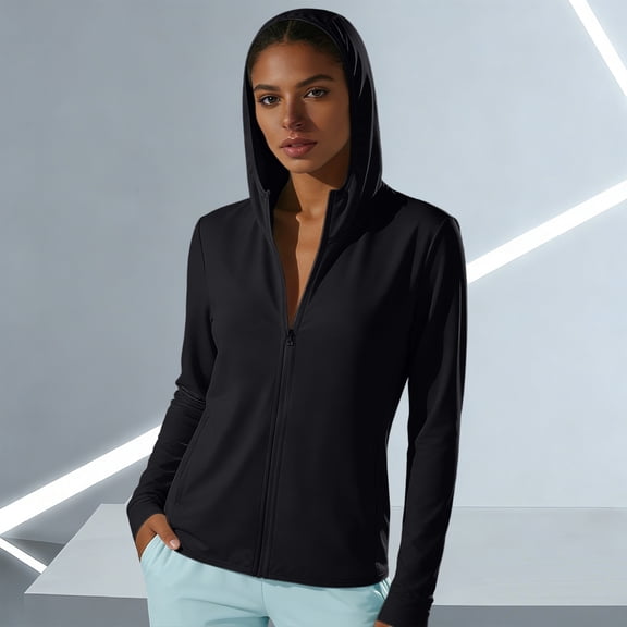 ClodeEU Women's Hooded Zip Long Sleeve Sun Protection Shirt,Solid Color Casual Slim Fit Summer Top Black,Women's Plus L