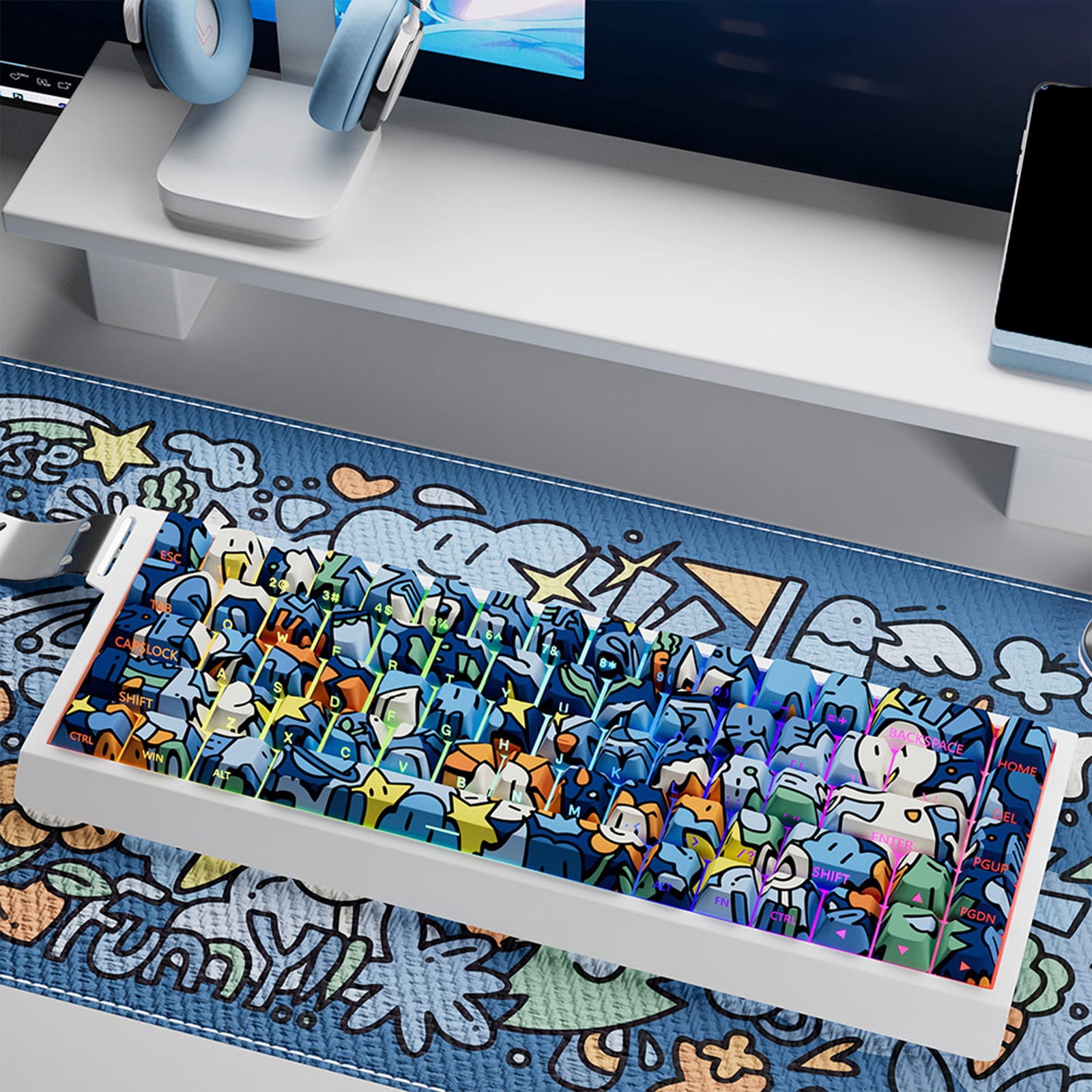 74/140Key Graffiti Artistic Design PBTs Original Profile Side Print Transparents Keycaps for Backlits Keyboards