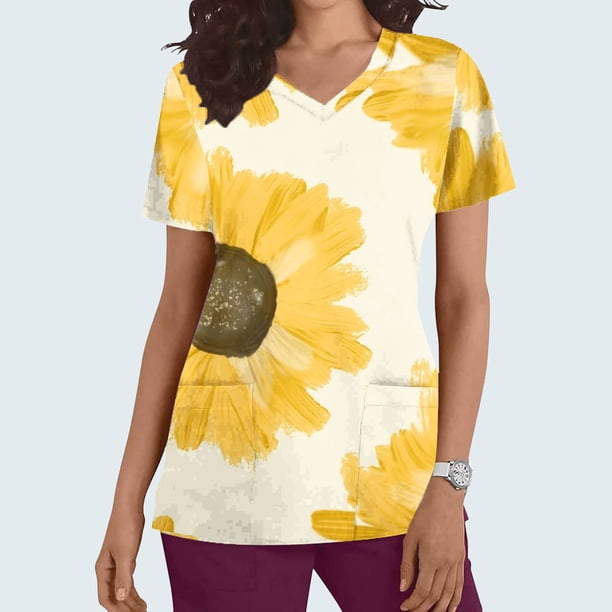 Fiudx Ofertas Flash Artículos En Oferta Top de Enfermera Informal con Cuello En V y Manga Corta con Bolsillo Estampado para Mujer