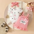 thumbnail image 2 of Gubotare Outfit Girl Baby Girl Summer Outfit Ruffle Short Sleeve Knit Romper Floral Suspender Skirt Bow Headband 3Pcs Clothes Set 0 3 6 9 12 18 24 Months (Pink,Size 6-9 Months), 2 of 9