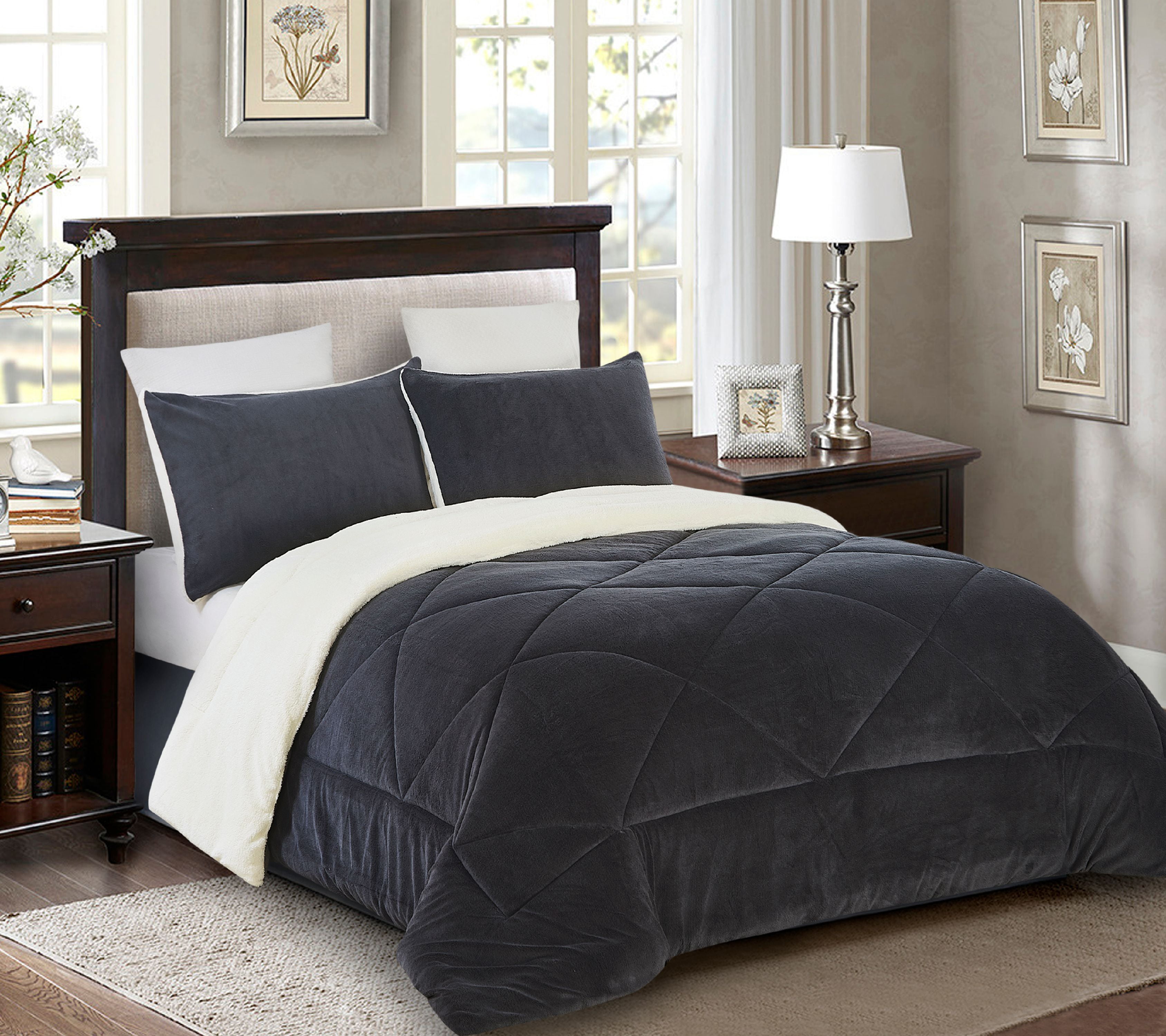 Reversible 3 Piece Fleece Sherpa Down Alternative Comforter Set