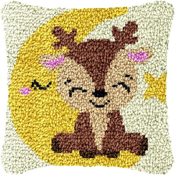 Latch Hook Kits Pillow Deer Crochet Yarn Cushion Colour Canvas Rug Needlework DIY Pillowcase Hook and Latch Kit Christmas Home Arts Crafts Sofa Decoration 43x43cm/17X17inch