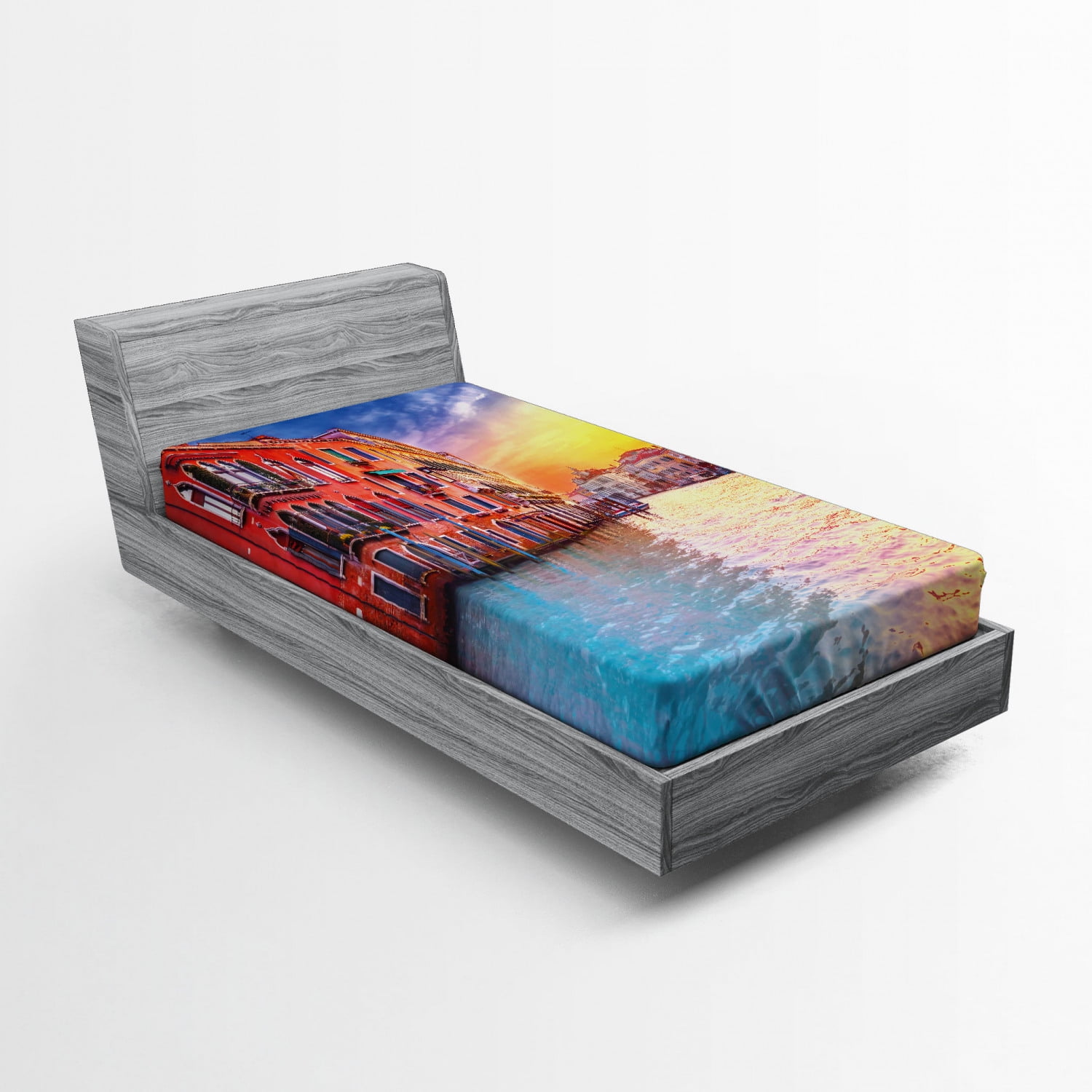 Italian Fitted Sheet, European Venice Canal with Historical Buildings Famous Town Scenery, Soft
