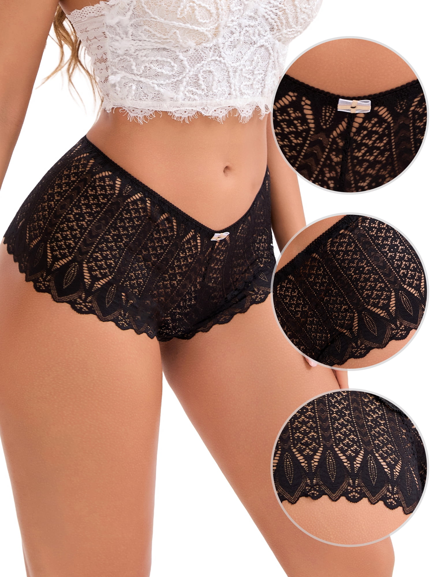 DARING DIVA Women's Lace Underwear Mid Waisted Hollow Out Briefs Panties XL Black