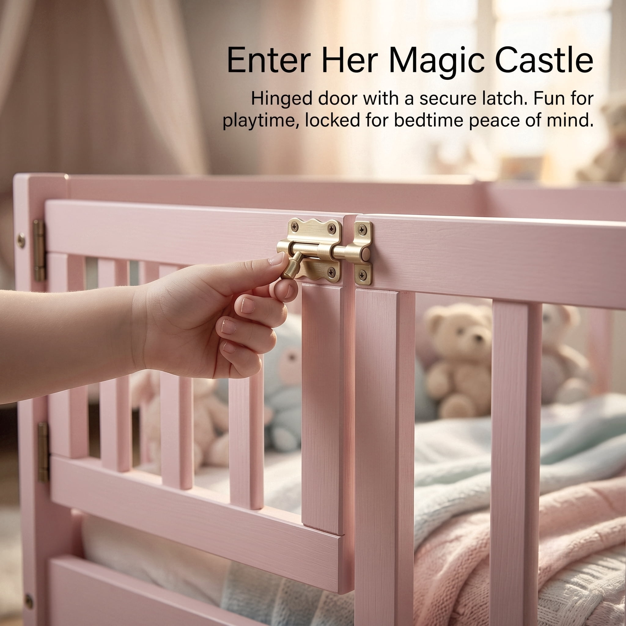 Twin Size Floor Bed with Fence and Door,Rubber Wood Floor Bed with Safety Guardrails,Pink