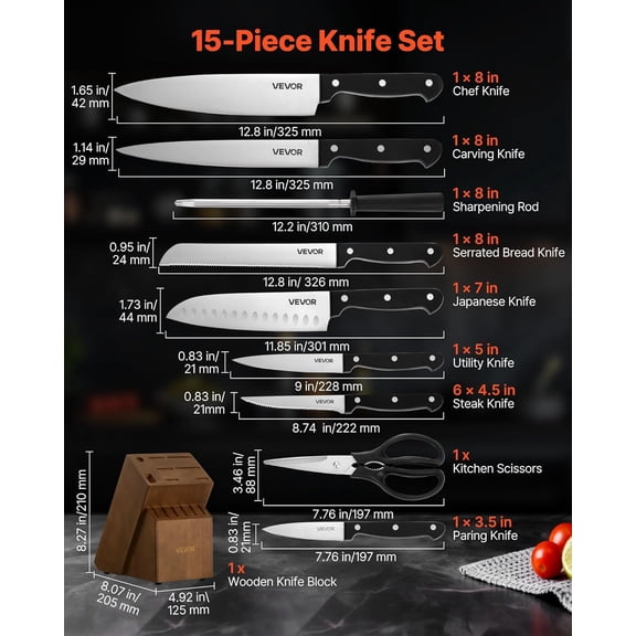 15-Piece Kitchen Knife Set with Wooden Block, German High Carbon Stainless Steel Knives, Ergonomic Black Handles, Sharpening Rod & Scissors for Home Cooking