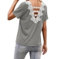 thumbnail image 4 of HUBERY Women Cut Out Back Crochet Lace Spliced Crew Neck Short Sleeve Top, 4 of 4
