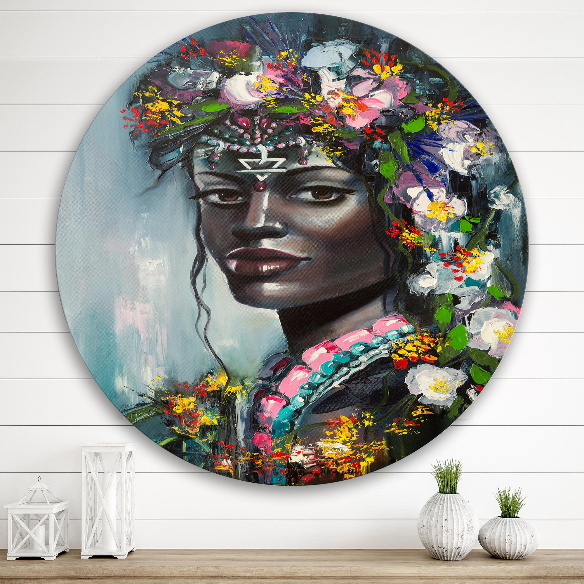 Designart 'Portrait Of Traditional African American Woman' Modern Circle Metal Wall Art 29x29 - Disc of 29