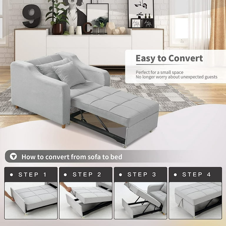 Vicluke Silla cama convertible, silla cama 3 en 1 con respaldo ajustable,  sofá cama extraíble de lino con 2 almohadas, sillón plegable de cama