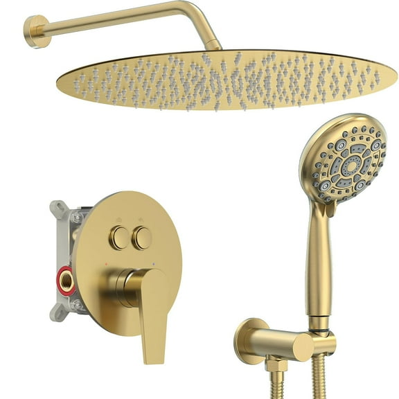 SR SUN RISE Shower System 12 Inch - High Pressure Rainfall Shower Head & 6-Setting Handheld, Push Button Diverter, cUPC Certified, Brushed Gold - Valve Included