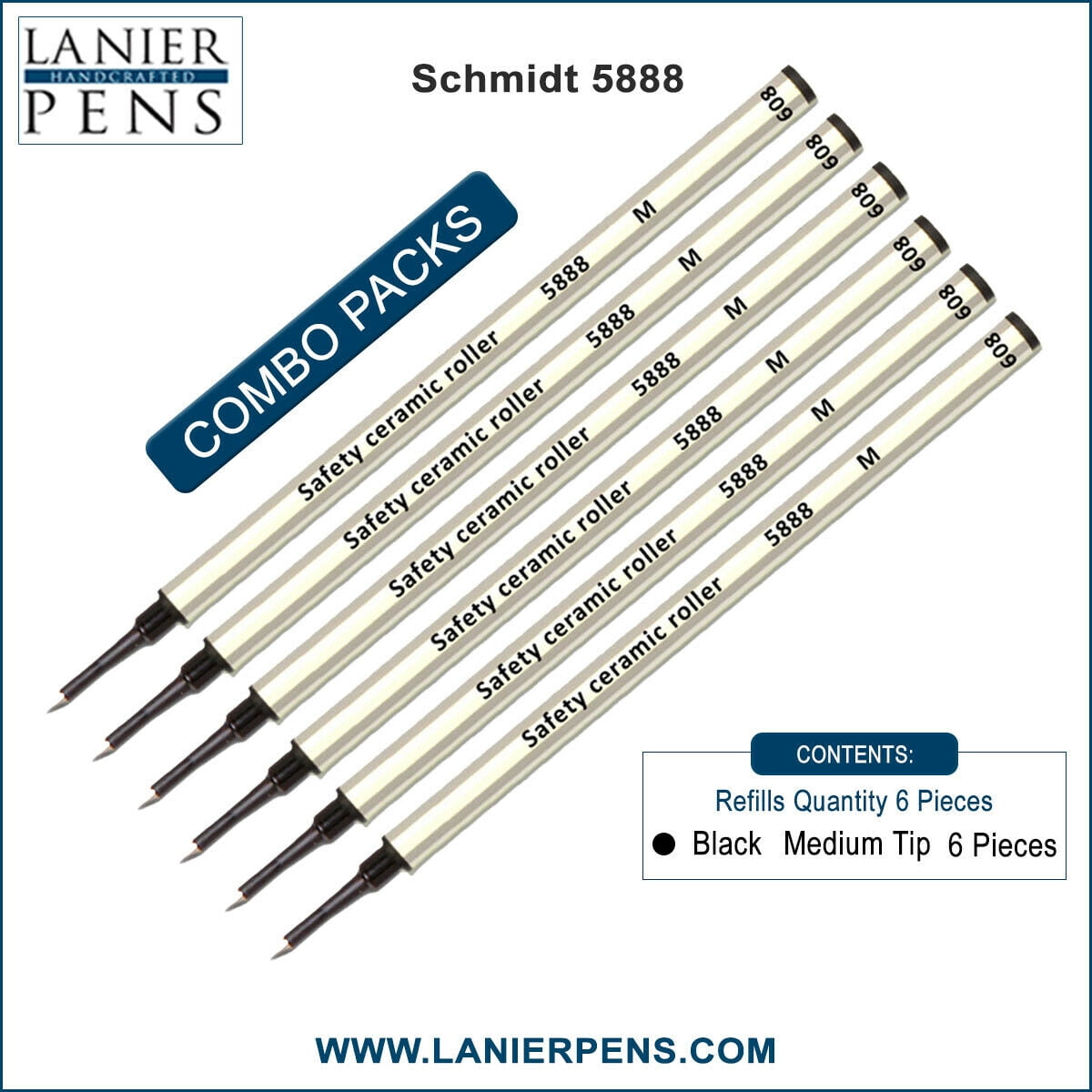 6X Schmidt 5888 M Safety Ceramic Rollerball Metal Refill Black Medium Tip