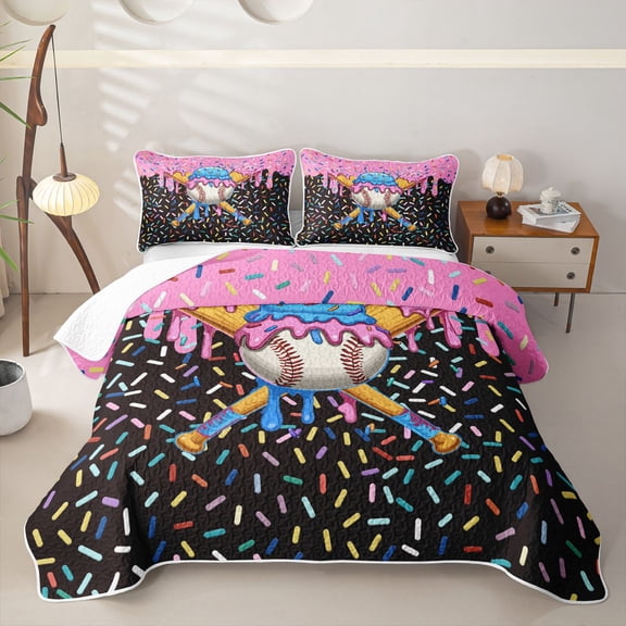 Homewish Pink Blue Ice Cream Baseball Bat Print Twin Quilt Set,Sweet Sports Theme Twin Coverlet Set For Kids Boys And Girls,2 Pieces