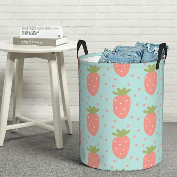 YFYANG Waterproof Laundry Hamper, Blue Cartoon Strawberry Laundry Basket Oxford Fabric with Handle Foldable, S