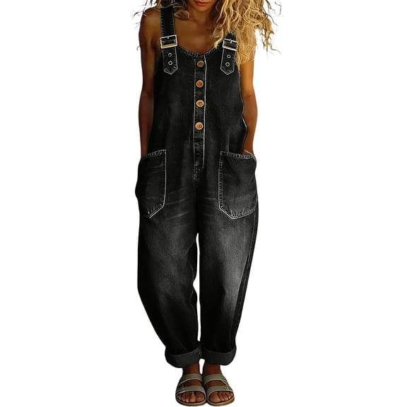 KDDYLITQ Denim Jumpsuit for Women Vintage Loose Fit Overalls Button Front Wide Leg Bib Jean Jumpsuit Adjustable Strap Casual Y2K Sleeveless Romper Pants with Pockets Black M