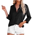 thumbnail image 2 of Womens Button Down V Neck Denim Shirts Long Sleeve Blouse Roll Up Cuffed Sleeve Casual Work Plain Tops with Pockets, 2 of 8