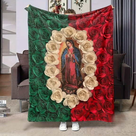 Cozy Reversible Virgin Mary Print Throw Blanket Soft Multi-Purpose for Couch Bed Office Naps & Gifts Vintage Style with Our Lady of Guadalupe Design Red and Green Roses