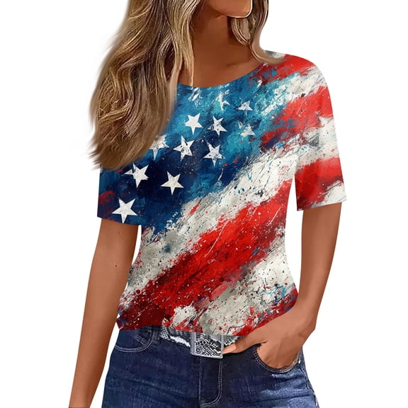 LWavelet Fourth of July Shirts for Women 3/4 Length Sleeve Tops Round Crew Casual Patriotic Fireworks USA Flag Tee Red M