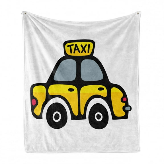 New York Taxi Soft Flannel Fleece Throw Blanket, Hand Drawn Illustration of Cab Design on Plain Background Art, Cozy Plush for Indoor and Outdoor Use, 50" x 60", White Black and Yellow, by Ambesonne