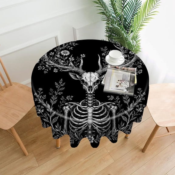 RKSupls 60 Inch Round Tablecloth, Skeleton Deer Flowers Premium Polyester Straight Edge Wrinkle Resistant Washable Table Cover for Party Home Dining Decor