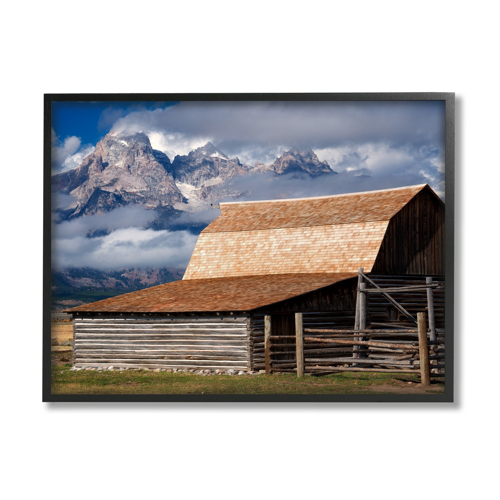 Stupell Industries Rural Cabin Foggy Mountain Peaks Landscape Photography Gray Framed Art Print Wall Art