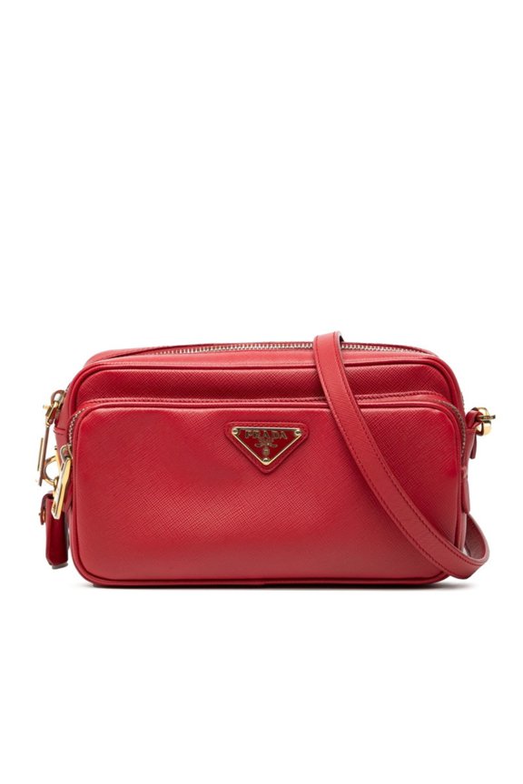 Pre-Owned Prada Triangle Logo Plate Shoulder Bag in Red Saffiano Leather for Women
