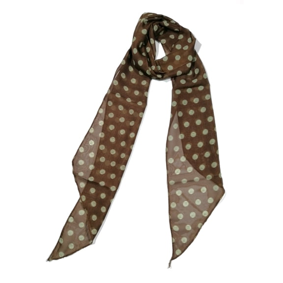 Shanlin Vintage Polka Dot Chiffon Skinny Scarf – Lightweight Retro Long Ribbon for Neck, Hair, Hat (Brown, 70.8 x 9 IN)