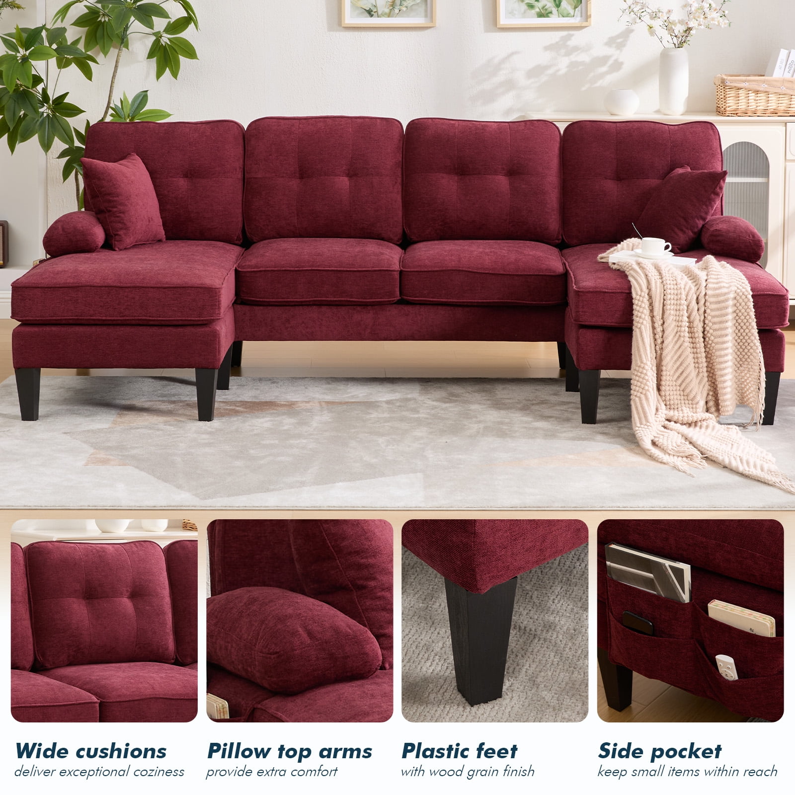 MOONMISS U-shaped Sectional Sofa,sectional Couches With Double Chaise,linen Fabric Couch For Living Room,Wine Red