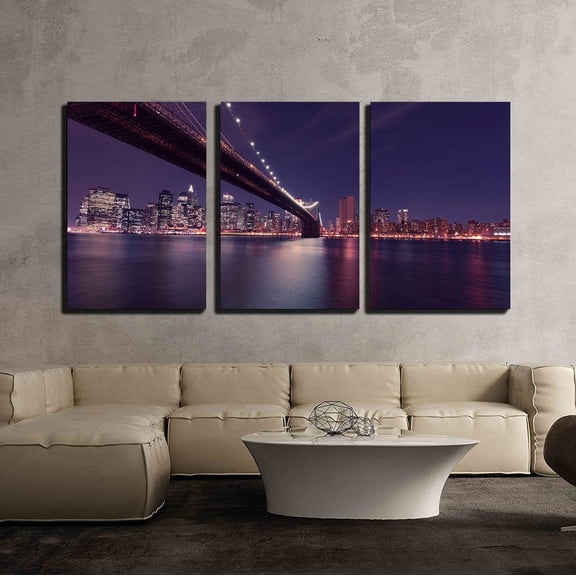 wall26 - 3 Piece Canvas Wall Art - Brooklyn Bridge and Manhattan at Night, New York City - Modern Home Art Stretched and Framed Ready to Hang - 24"x36"x3 Panels