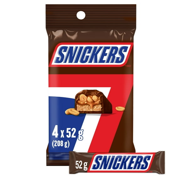 SNICKERS, Peanut Milk Chocolate Candy Bars, 4 Full Size Bars, 208g, 4 Bars