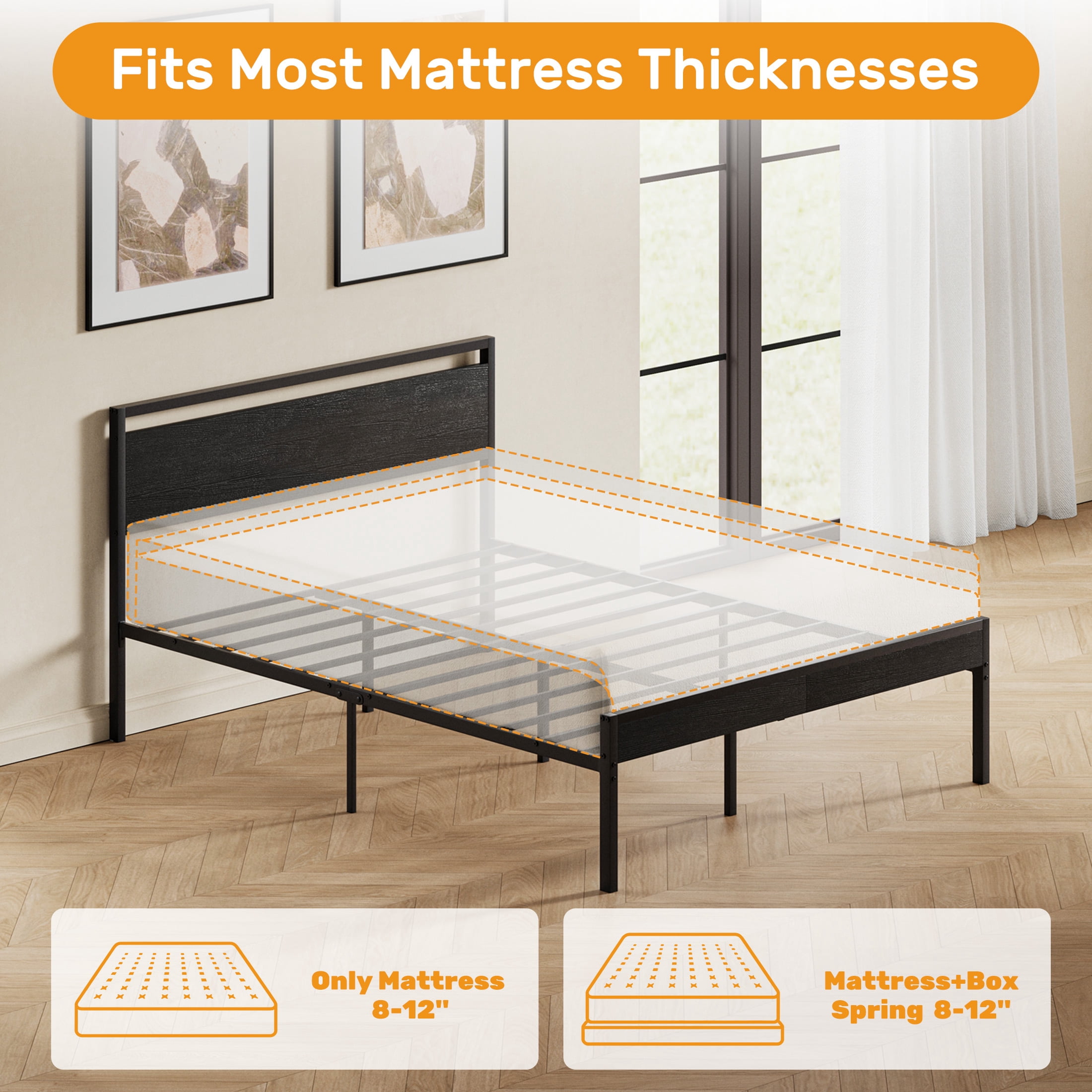 Gianna Heavy Duty Queen Size Metal Platform Bed, No Box Spring Required with Headboard and Footboard, Mattress Foundation, Black