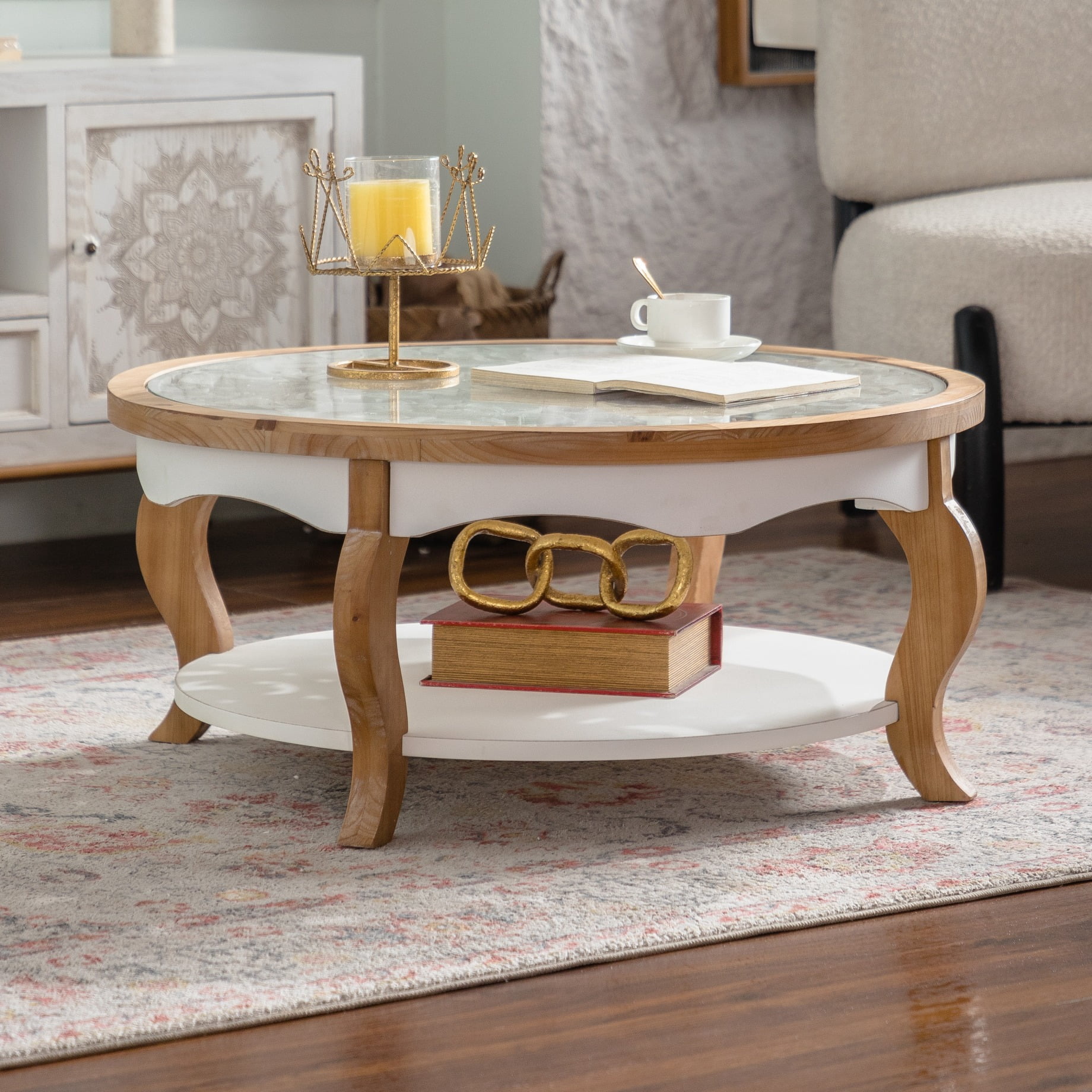Round Wood Coffee Table with Glass Top, Solid Wooden Center Table with Curved Legs and Removable Tempered Glass for Living Room, Small Space Friendly