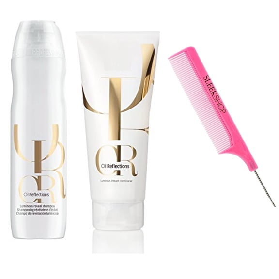Wella OIL REFLECTIONS by WeIIa Luminous Reveal Shampoo & Instant Conditioner DUO Set Kit (w/Argan-Oil Infused PINK Rat Tail Steel Pin Comb) Hair Product (Shampoo (8.45 oz)   Conditioner (6.7 oz))