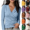 thumbnail image 2 of QINGFSAP Womens Cross Wrap V Neck Ruched Long Sleeve Shirts Stretchy Fitted Basic Casual Daily Solid Layering Tops, 2 of 6