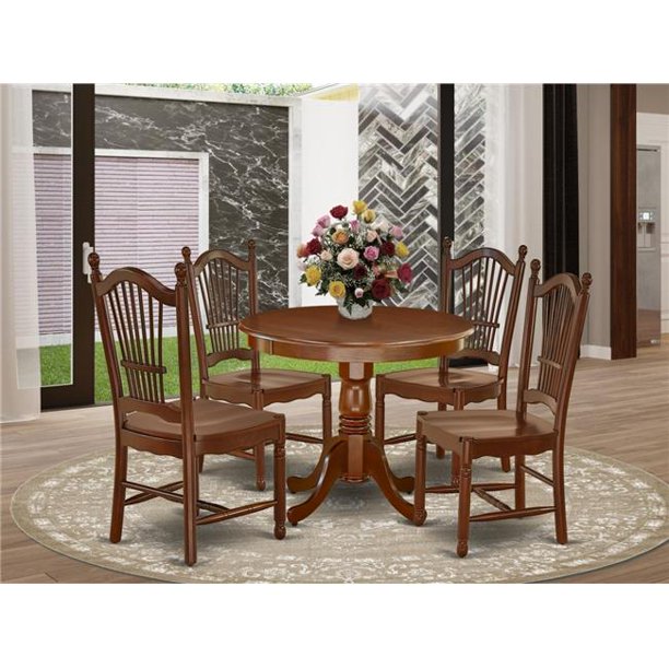 36 in. Antique Round Kitchen Table & Four Wood Seat Dining Chairs