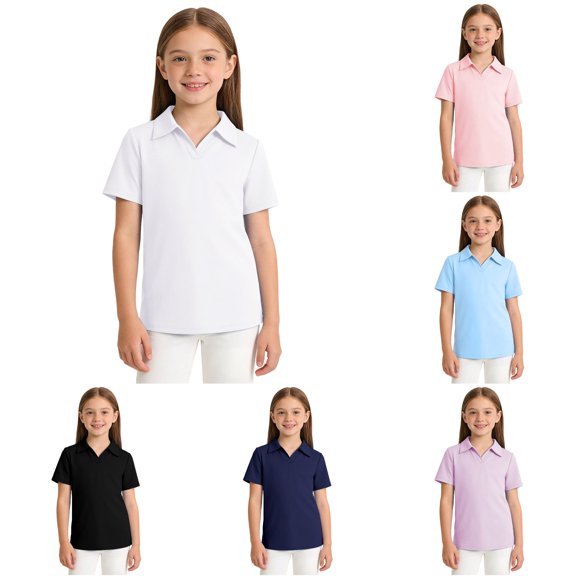 OSOLU Girls Polo Shirt Solid Color Short Sleeve Breathable Quick Dry Kids Sports Uniform Shirts White