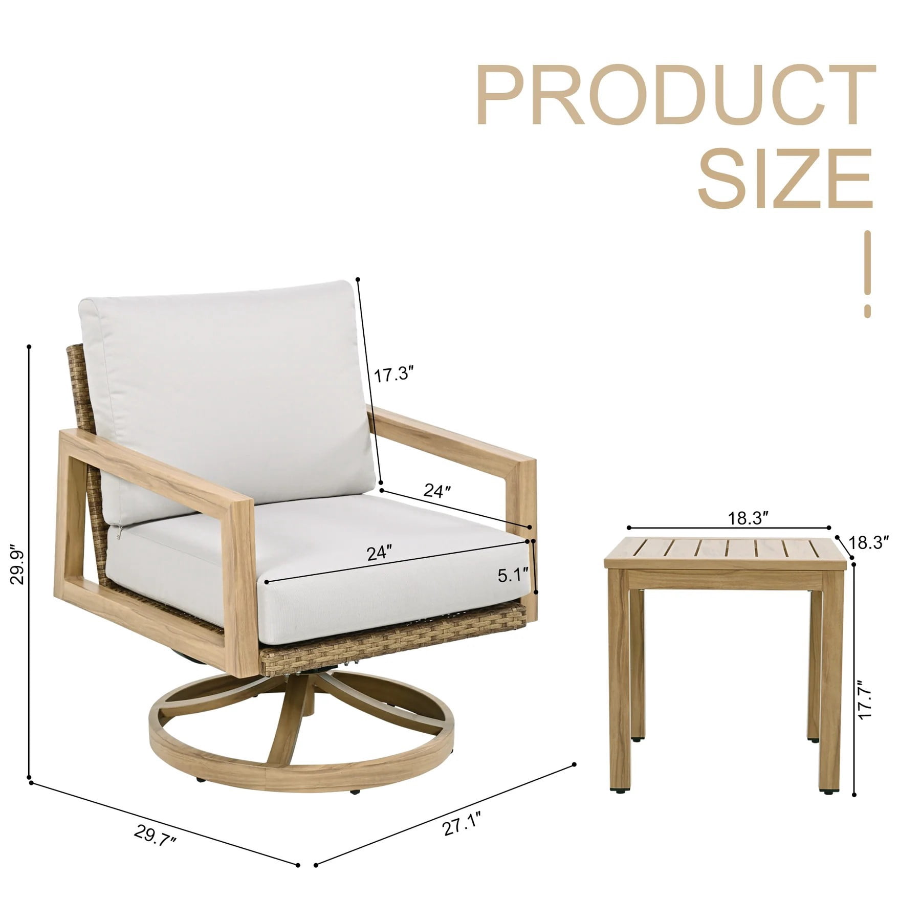 3-Piece Patio Swivel Chair Set, Outdoor Bistro Set with 360° Swivel Chairs, Wicker Back & Woodgrain Table, Cushioned Conversation Set for Balcony Porch