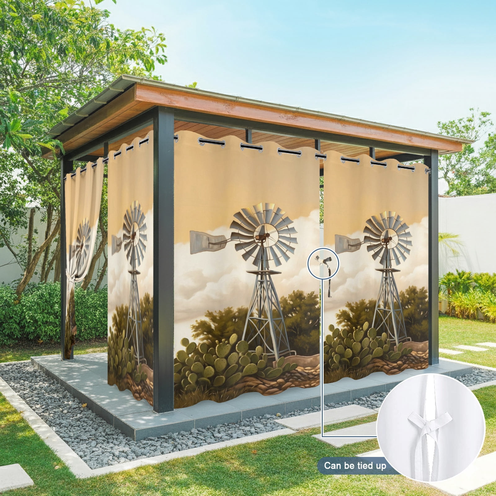 Windmill Outdoor Curtains for Patio, Windmill Farmhouse Sunset Field Trees Rustic Sunshade Privacy Drapes Grommet Waterproof Outside Curtains for Porch/Cabana/Balcony 54"x 108", 1 Panel