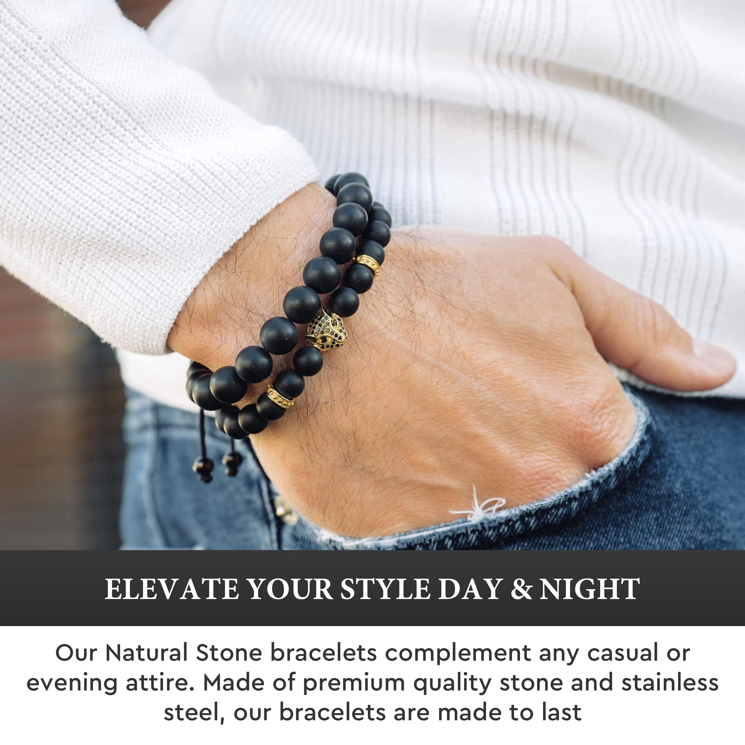 Men's BLACK ONYX Bracelet with Golden LEOPARD Head  | Gift for Men | One Size Fits All | 100% Natural | Gemstone Adjustable Bracelet