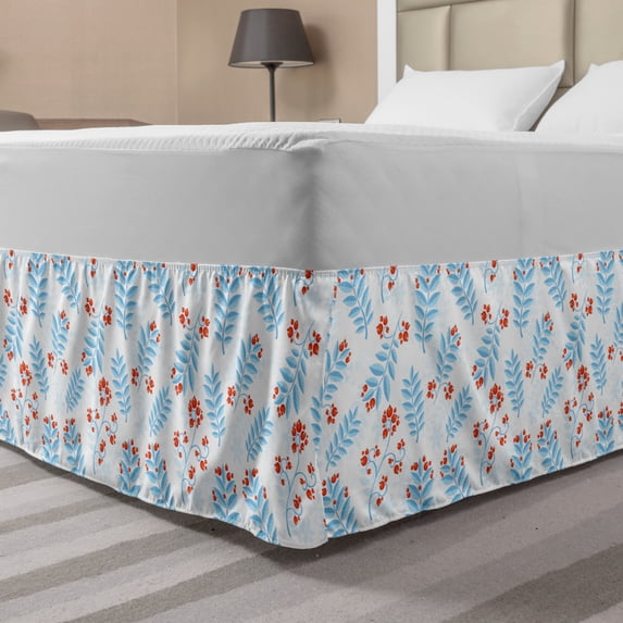 Winter Bed Skirt, Seasonal Ash Berry and Blue Toned Foliage Leaves Snowflake Background, Elastic Bedskirt Dust Ruffle Wrap Around for Bedding Decor, 4 Sizes, Vermilion Pale Blue, by Ambesonne