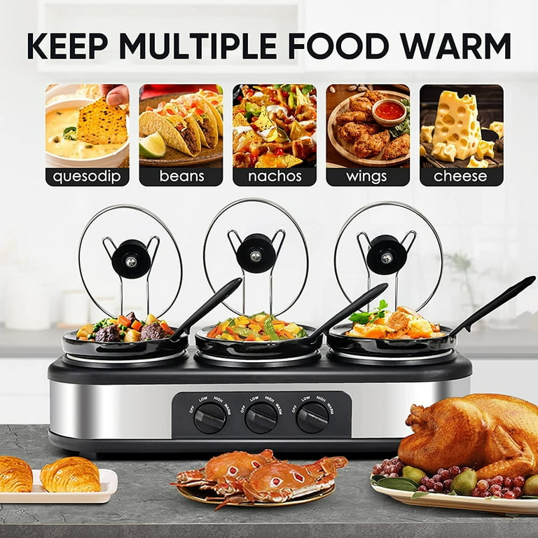 Small electric slow cooker, triple buffet server and warming plate with lid  holder, 3-pot 1.5-quart oval food warmer with 3 spoons, perfect for heating  up dips at parties. 