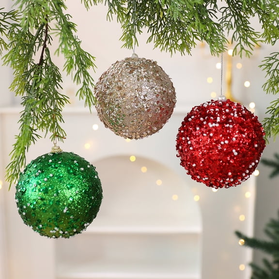 Dserhfy 4 Pcs Christmas Ball Ornaments Glitter Sequin Shatterproof Foam Balls Decoration with Faux Pearl for Xmas Wedding Party Holiday Decor