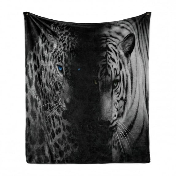 Leopard Soft Flannel Fleece Throw Blanket, Animal Eyes Aggressive Powerful Wildcat Profile Print Monochrome Design, Cozy Plush for Indoor and Outdoor Use, 60" x 80", Black White Blue, by Ambesonne