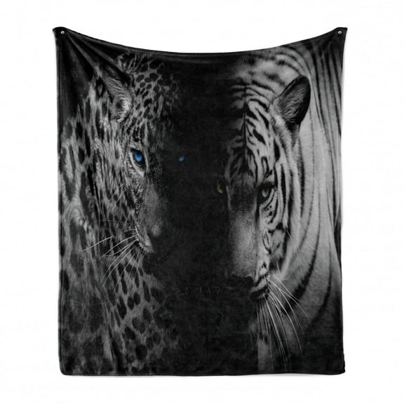 Leopard Soft Flannel Fleece Throw Blanket, Animal Eyes Aggressive Powerful Wildcat Profile Print Monochrome Design, Cozy Plush for Indoor and Outdoor Use, 70" x 90", Black White Blue, by Ambesonne