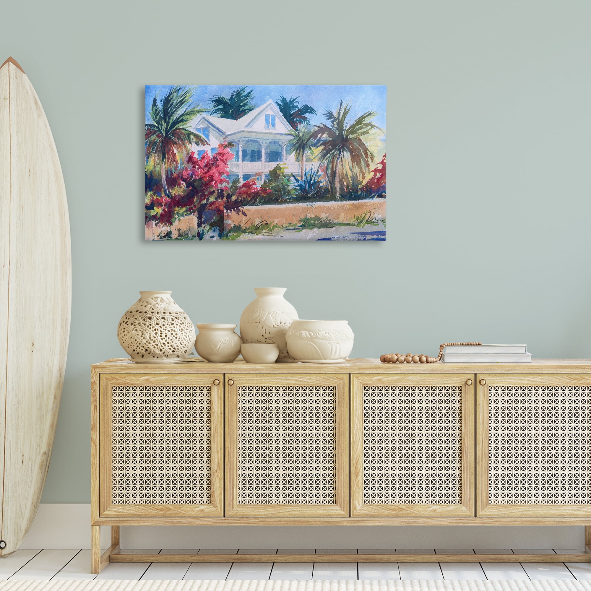 Stupell Industries Palm Tree Cottage Landscape Painting Gallery Wrapped Canvas Art Print Wall Art, 36 x 24