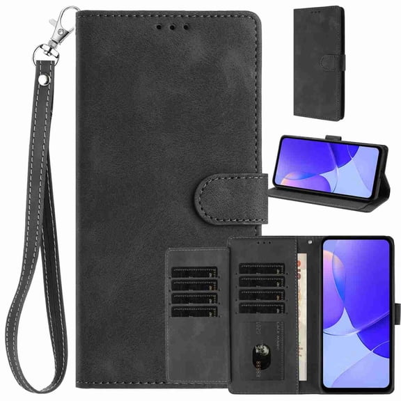 Allytechgroup Wallet Case for Moto G Power 5G (2024), Built-in Card Holder & Wrist Strap Slim PU Leather Non-Slip Anti-Fingerprint Shockproof Protective Bumper for Moto G Power 5G (2024), Black