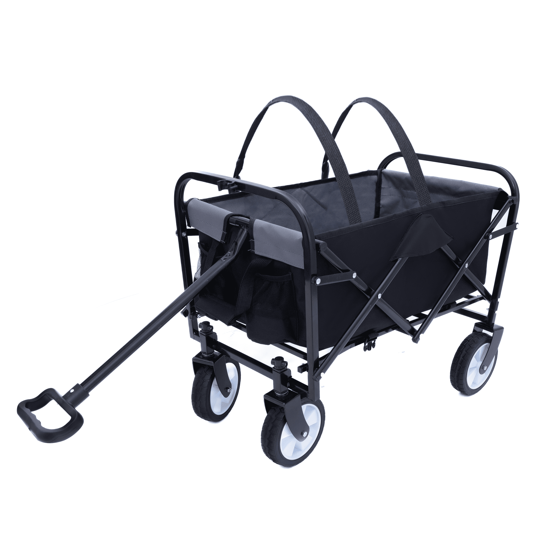 Utility Wagon Cart Foldable with Strapping System, Heavy Duty 225lbs Capacity, Lightweight Collapsible Design, Utility Cart, beach wagon with 360° Swivel Wheels for Beach, Camping, Shopping, Black